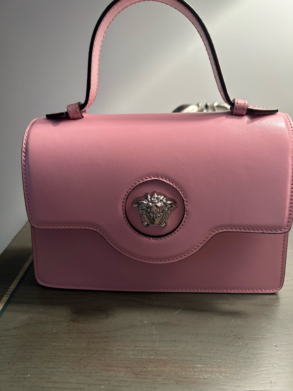 Versace Pink Leather Satchel with Silver Medusa Emblem